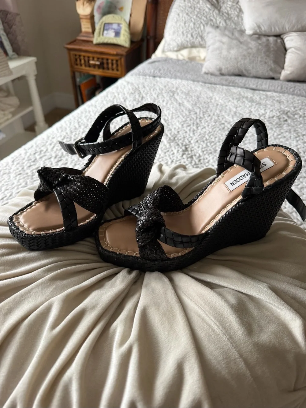 Steve Madden Black Woven Knot Front Ankle-Strap Wedges